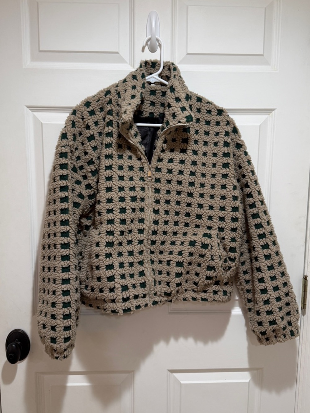 Handmade Crochet Grid Jacket - Beige & Dark Green